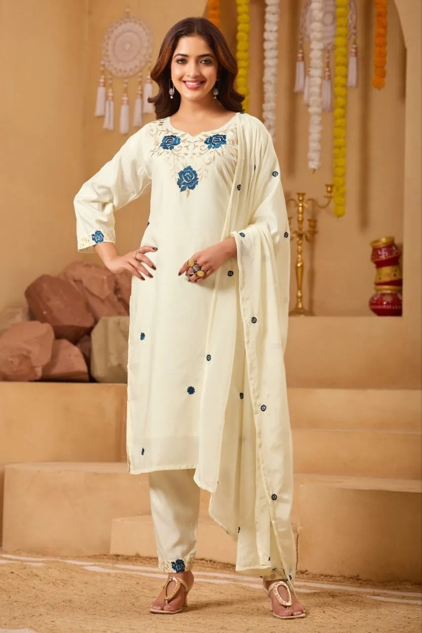 RRD Rayon Embroidery Work White Readymade Dress Online Sopping