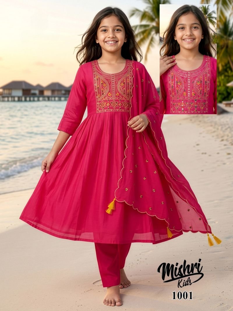 Mishri Kids 1 Mal Chanderi Embroidery Kurti With Bottom Dupatta Wholesale