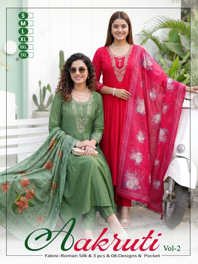 Aakruti Vol 2 Roman Silk Plain Embroidered Kurti Set Collection Wholesale