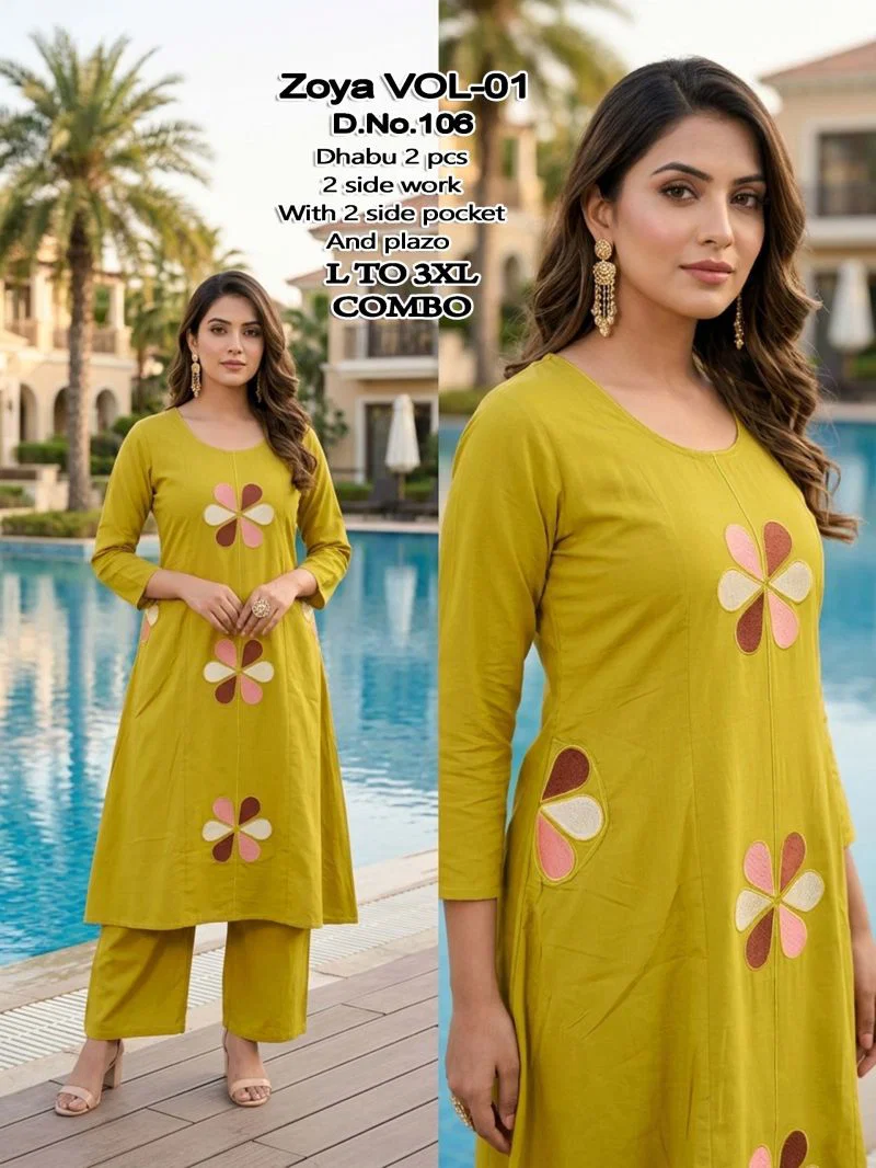 Zoya Vol 1 Dhabu Cotton Embroidered Kurti With Bottom Wholesale