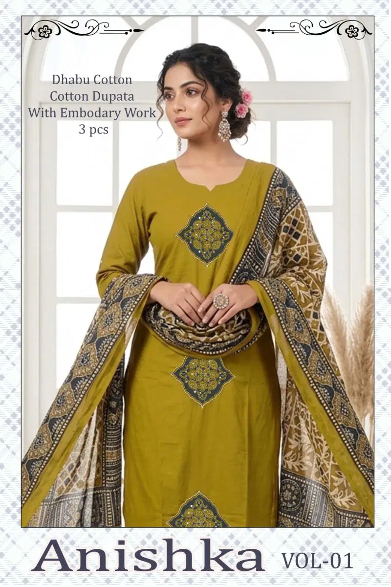 Anishka Vol 1 Dhabu Cotton Embroidered Kurti Pant With Dupatta Wholesale