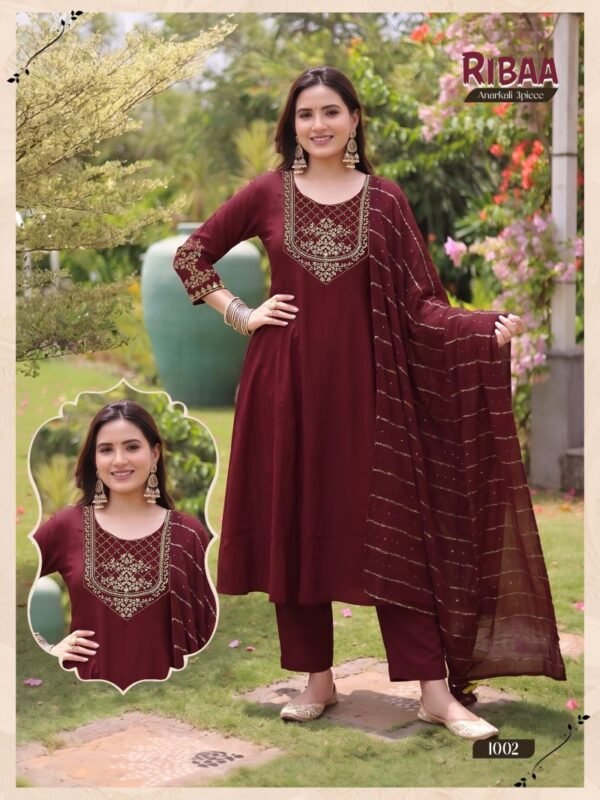 Latest Ribba D No 1001 To 06 Roman Silk Embroidered Anarkali Kurti Set Wholesale 2026