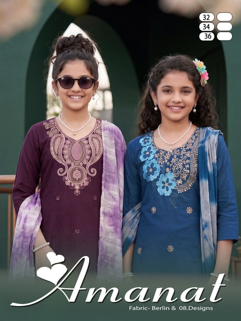 Amanat D No 1001 To 08 Berlin Plain Embroidered Kids Kurti Set Wholesale
