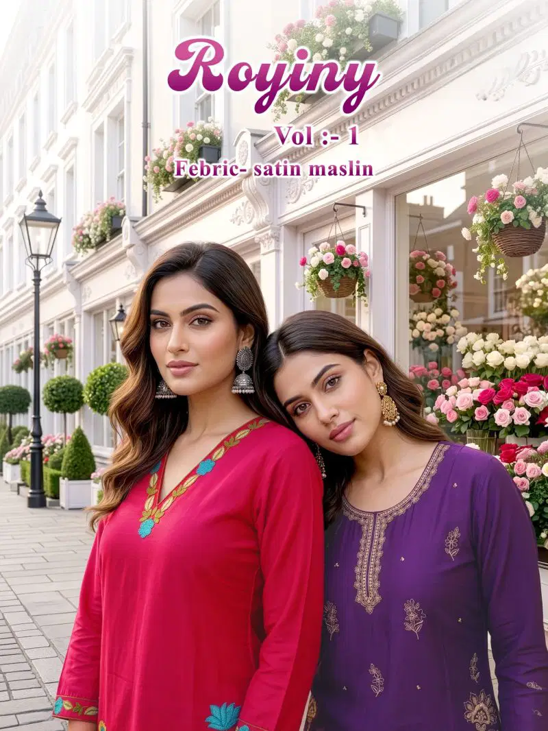 Royiny Vol 1 Satin Muslin Embroidery Worked Kurti Set Collection Wholesale