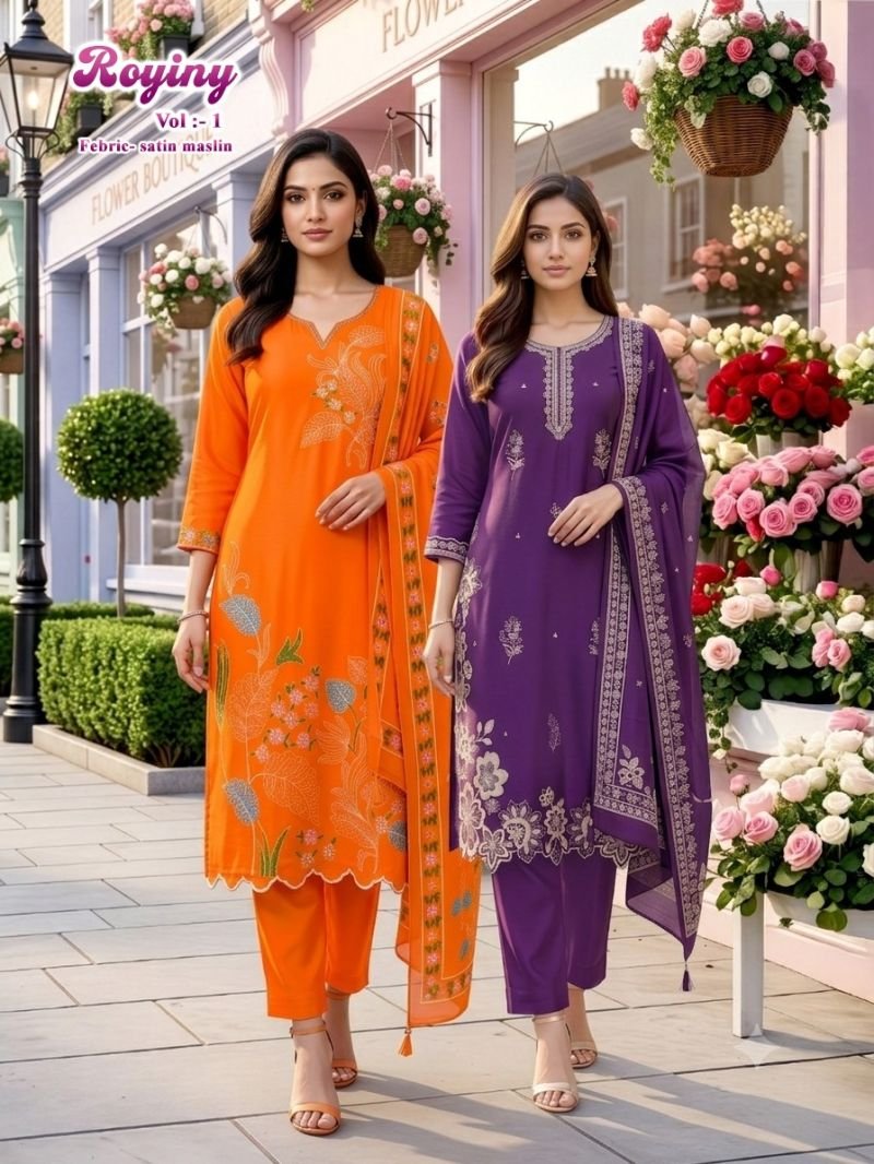 Latest Royiny Vol 1 Satin Muslin Embroidery Worked Kurti Set Collection Wholesale 2026