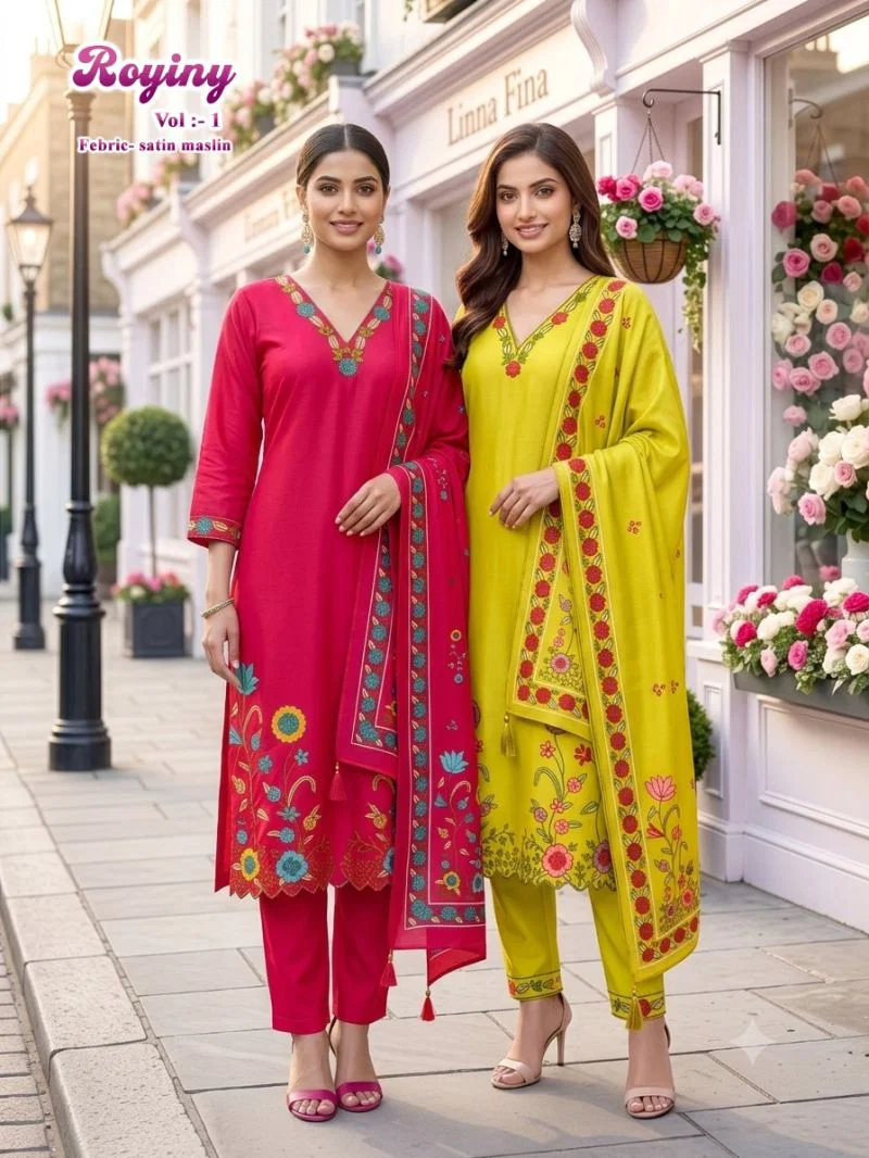 Latest Royiny Vol 1 Satin Muslin Embroidery Worked Kurti Set Collection Wholesale 2026