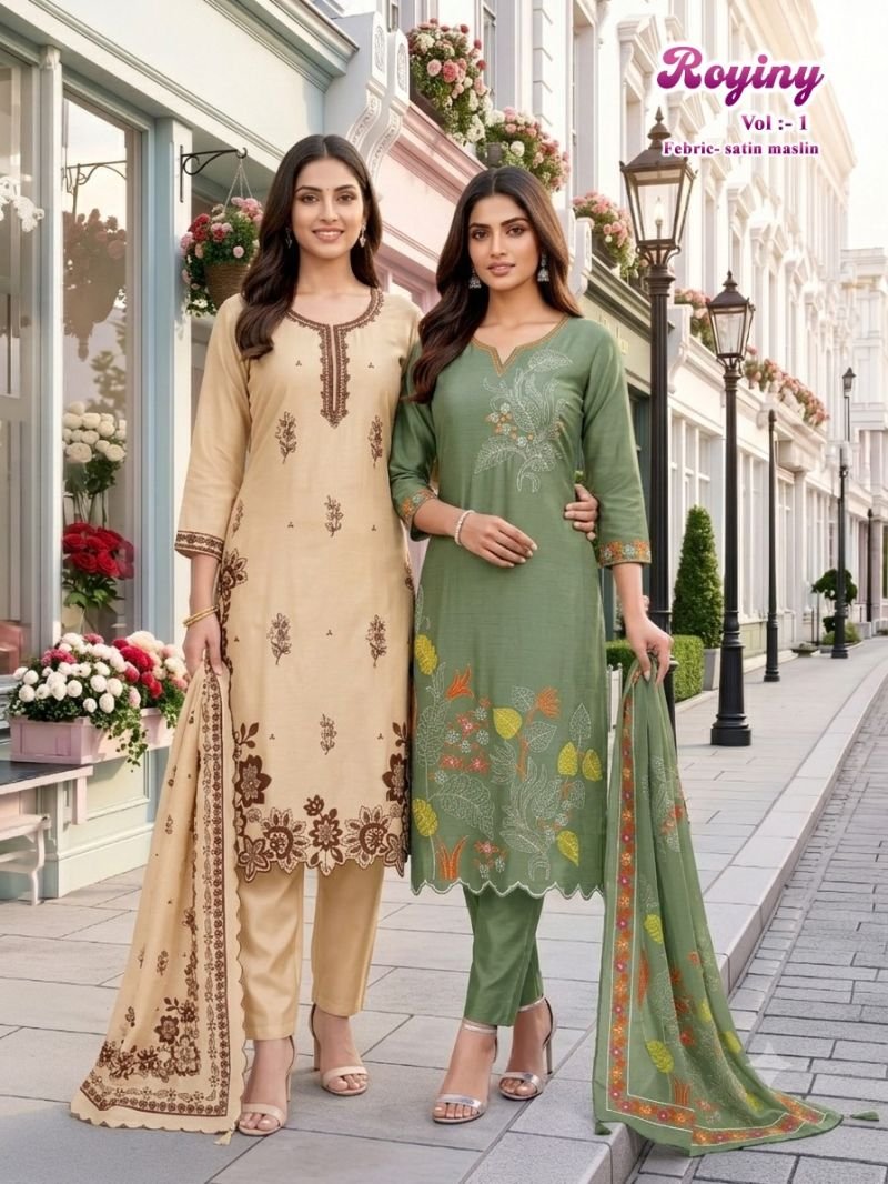 Latest Royiny Vol 1 Satin Muslin Embroidery Worked Kurti Set Collection Wholesale 2026