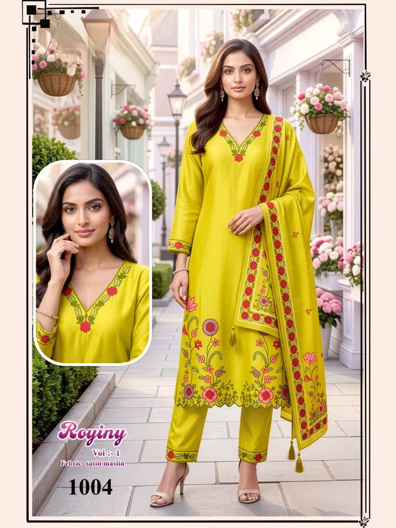 Latest Royiny Vol 1 Satin Muslin Embroidery Worked Kurti Set Collection Wholesale 2026