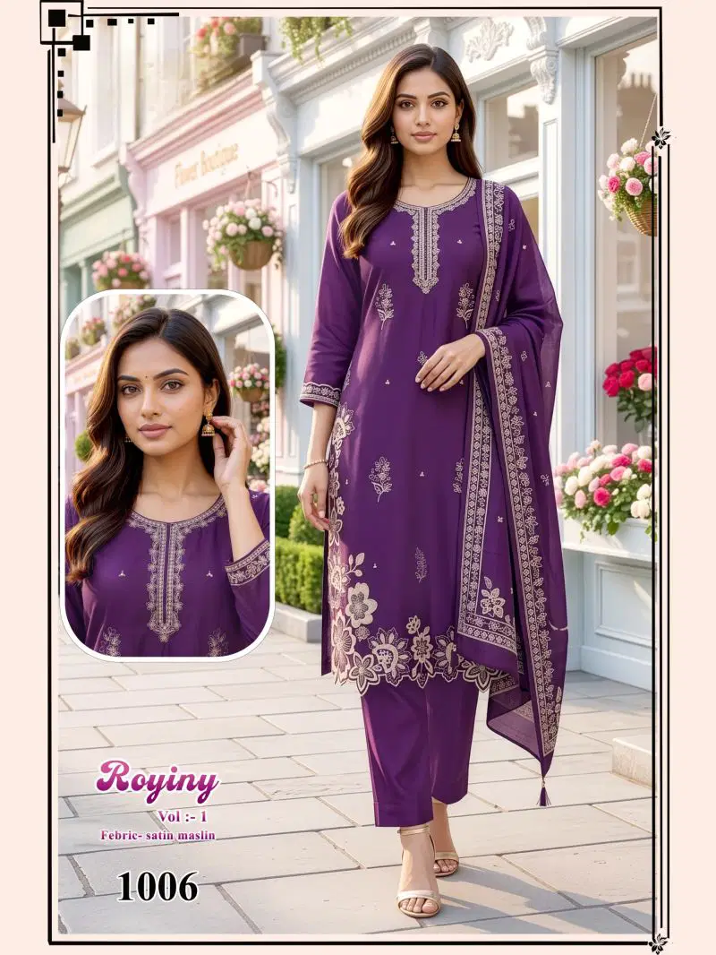 Latest Royiny Vol 1 Satin Muslin Embroidery Worked Kurti Set Collection Wholesale 2026
