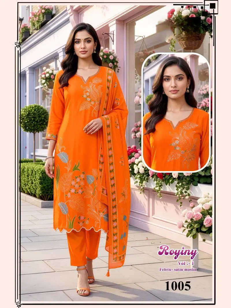 Latest Royiny Vol 1 Satin Muslin Embroidery Worked Kurti Set Collection Wholesale 2026
