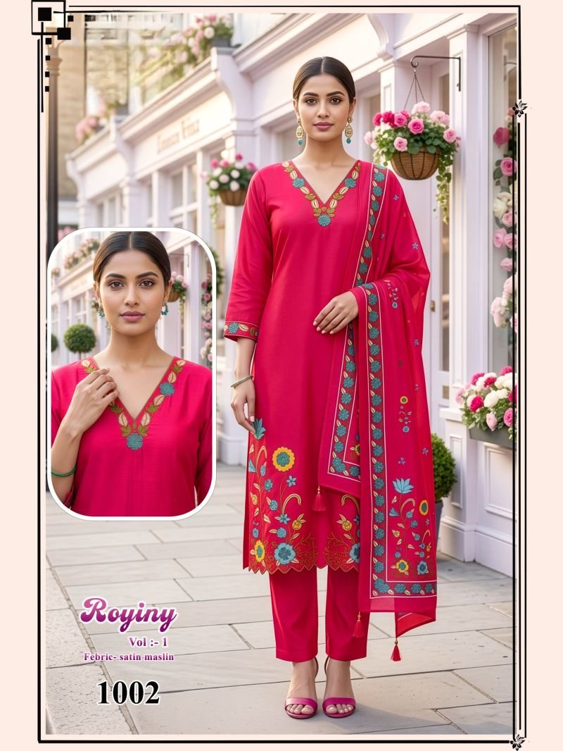 Latest Royiny Vol 1 Satin Muslin Embroidery Worked Kurti Set Collection Wholesale 2026