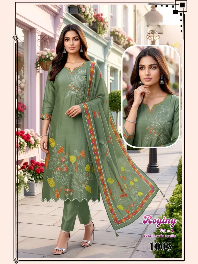 Latest Royiny Vol 1 Satin Muslin Embroidery Worked Kurti Set Collection Wholesale 2026