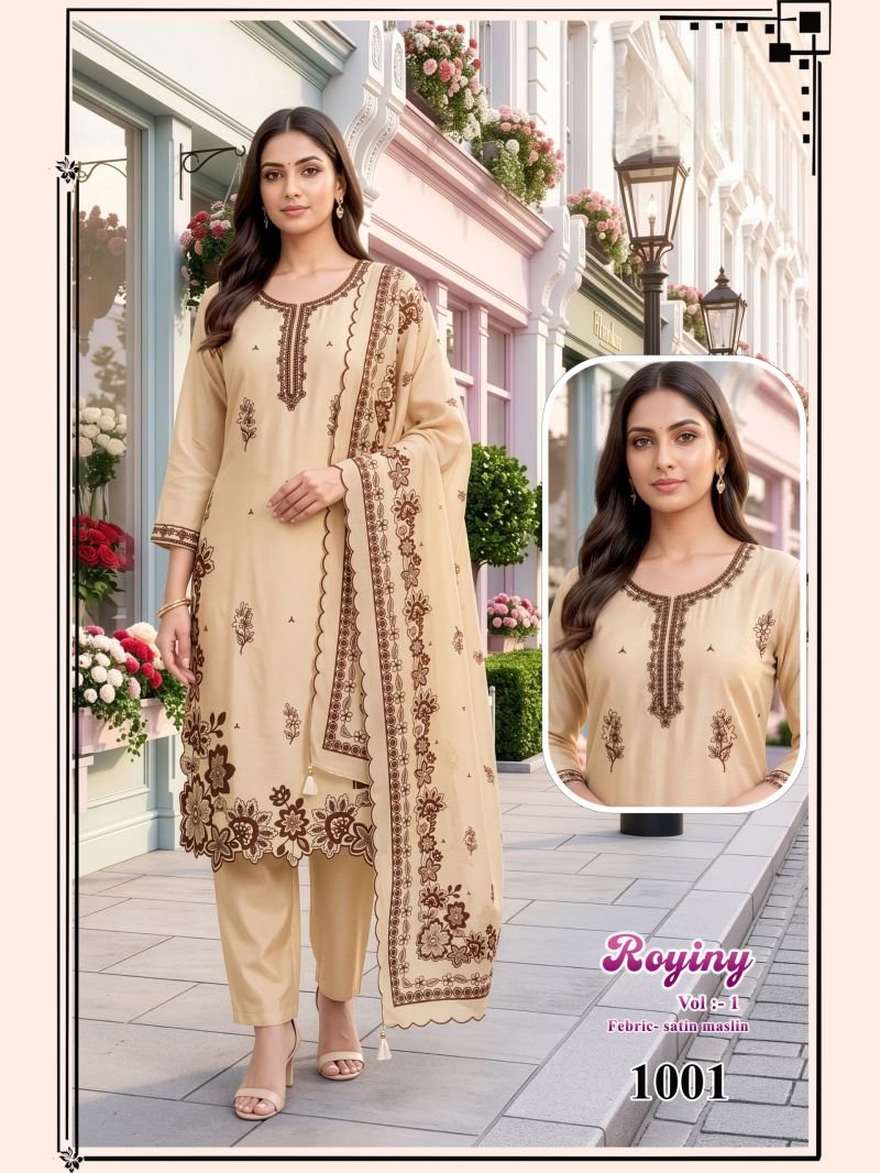 Latest Royiny Vol 1 Satin Muslin Embroidery Worked Kurti Set Collection Wholesale 2026