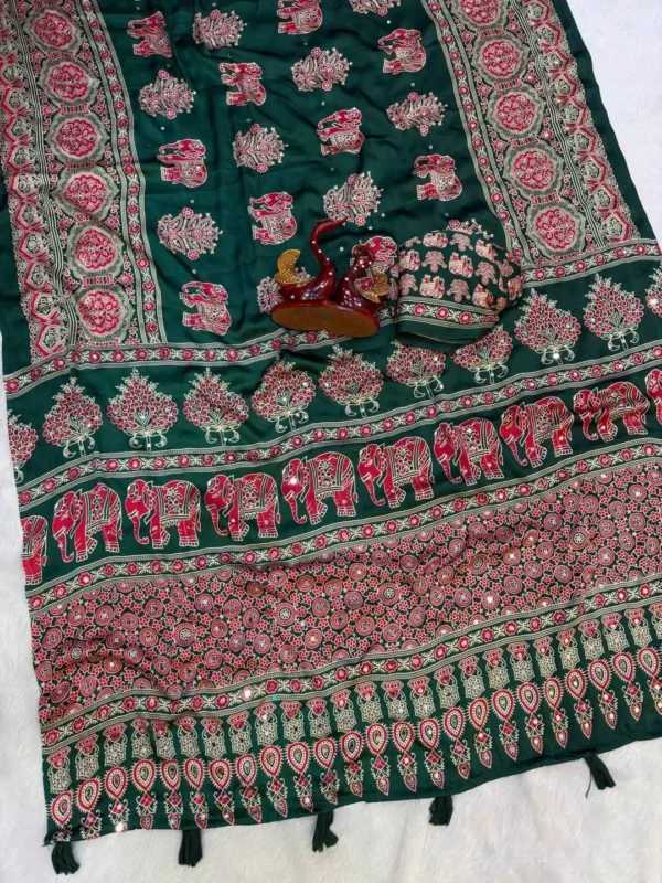 Buy SS1010 5598 Japan Satin Ajarakh Printed Mirror Work Festival Saree 2026