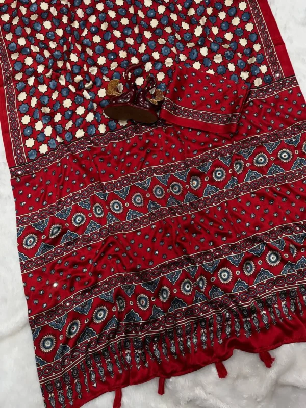 Beautiful SS1010 5596 Japan Satin Ajarakh Printed Mirror Work Saree Collection 2026