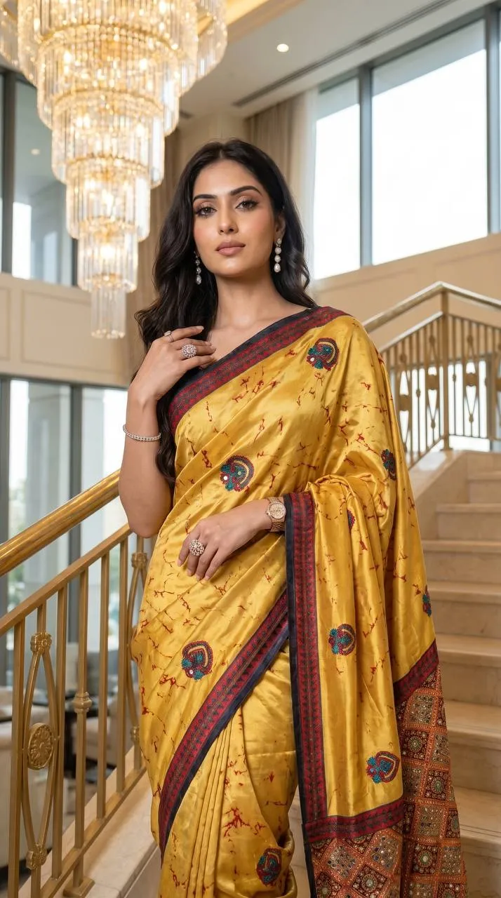 Stylish WMS Model Silk Ajarakh Printed Mirror Work Party Wear Saree 2026
