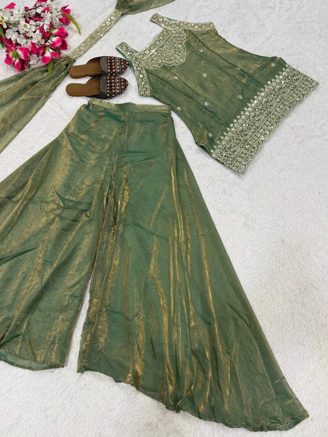 Beautiful FFD Mumtaz Fandy Silk Sequence Embroidery Work Party Wear Sharara Suit 2026