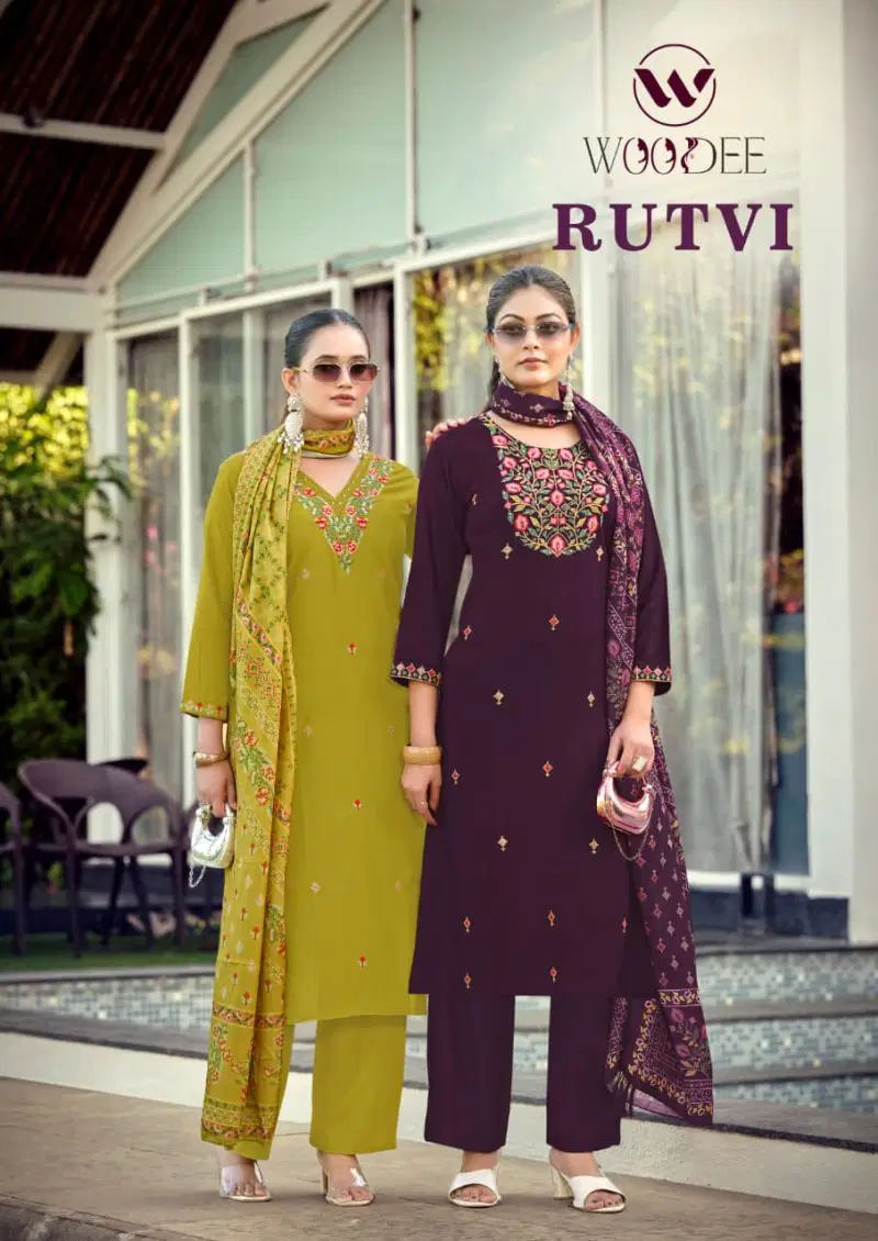 Woodee Rutvi Rayon Handwork Kurti With Bottom Dupatta Wholesale