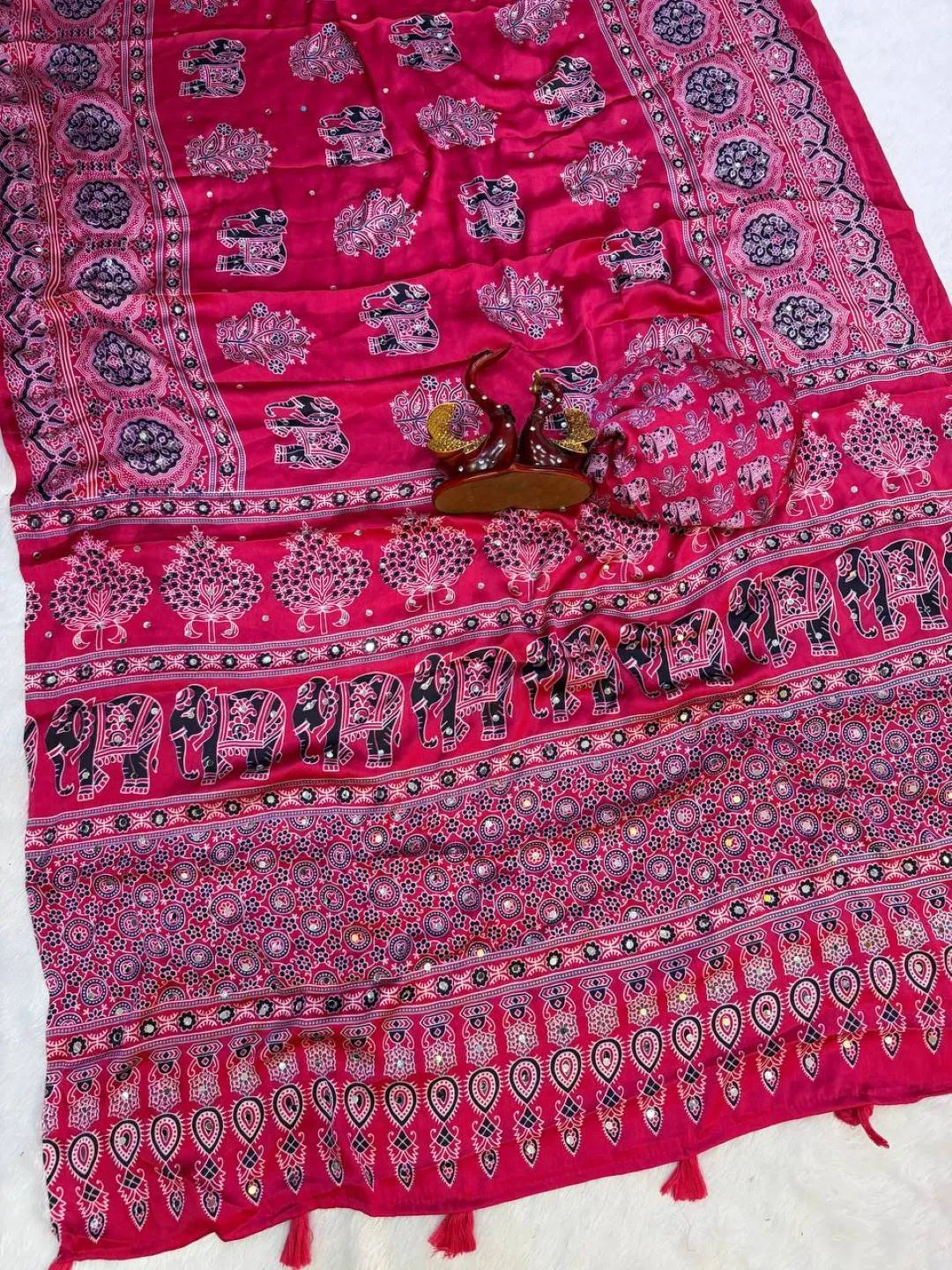 Buy SS1010 5598 Japan Satin Ajarakh Printed Mirror Work Festival Saree 2026