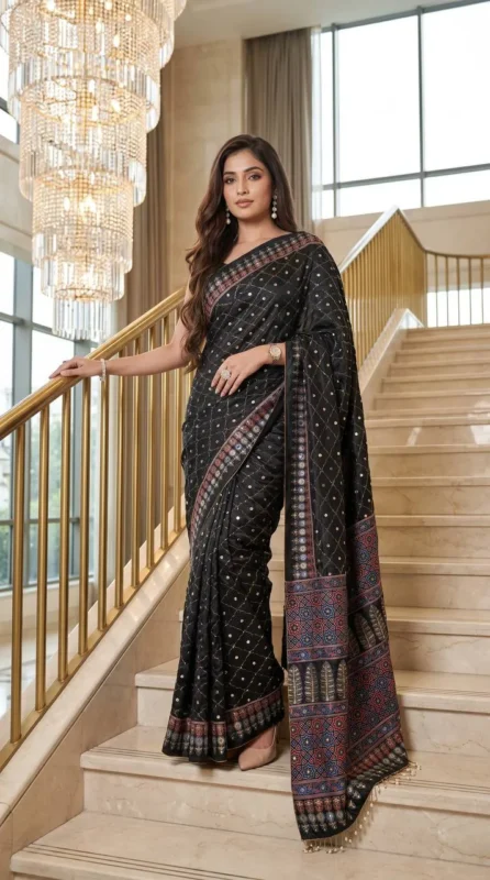 Stylish WMS Model Silk Ajarakh Printed Mirror Work Party Wear Saree 2026