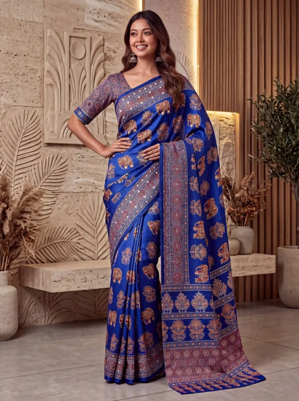 Launching DKT 5181 Crape Silk DurgaPuja Ajrakh Printed Mirror Work Saree 2026