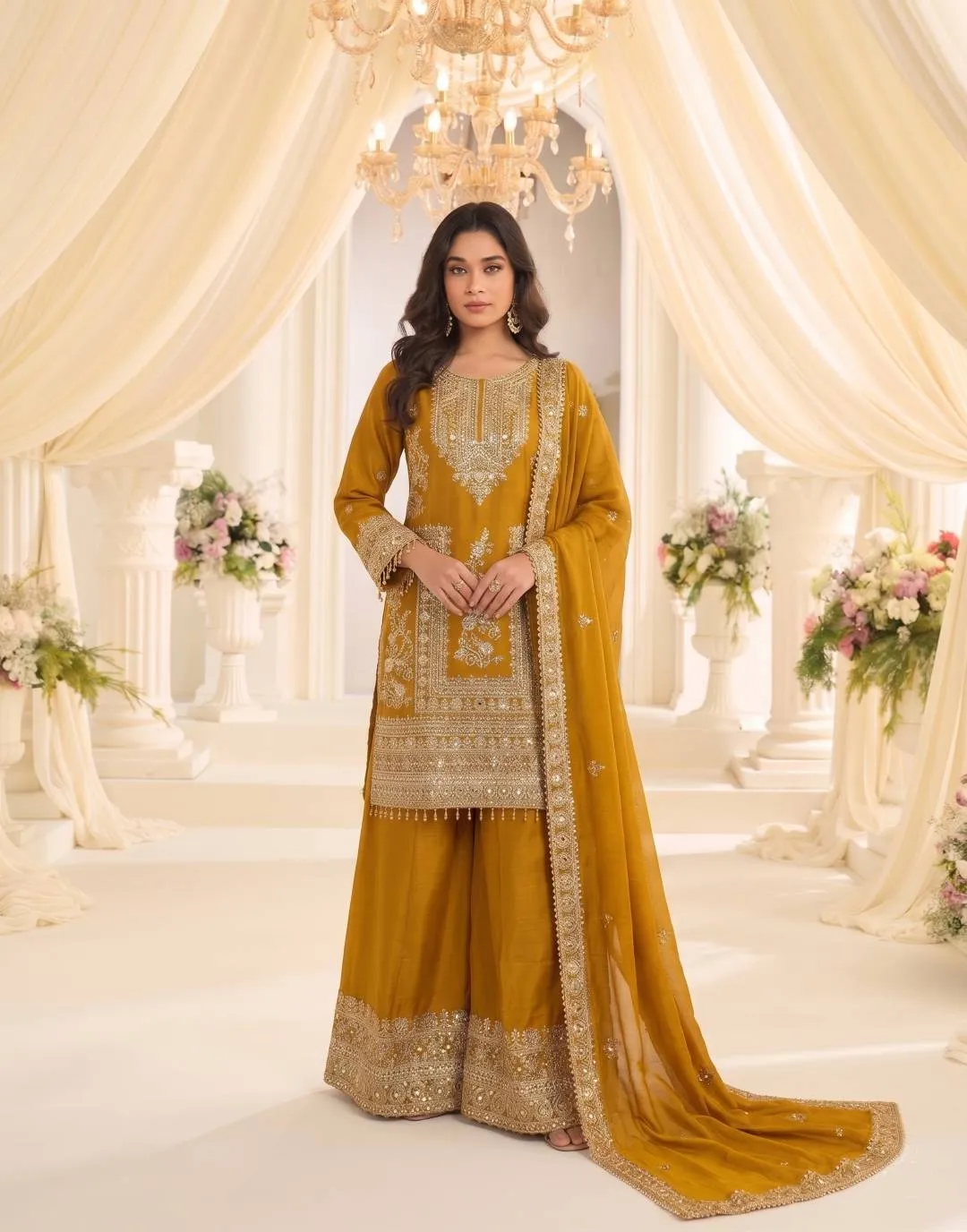 Stylish Kb 3322 Chinon Embroidery Work Wedding Pakistani Kurti Palazzo With Dupatta Set 2026