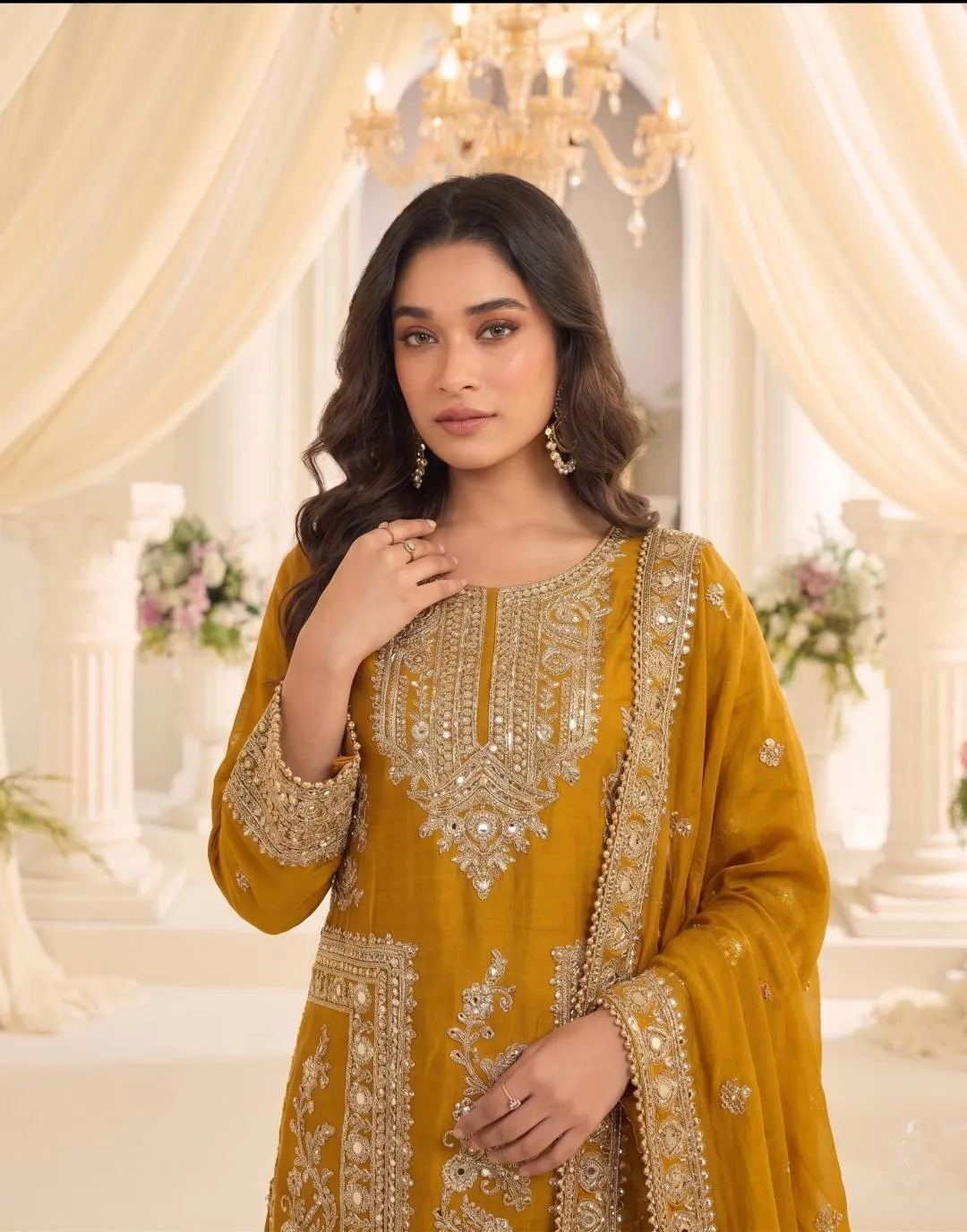 Stylish Kb 3322 Chinon Embroidery Work Wedding Pakistani Kurti Palazzo With Dupatta Set 2026