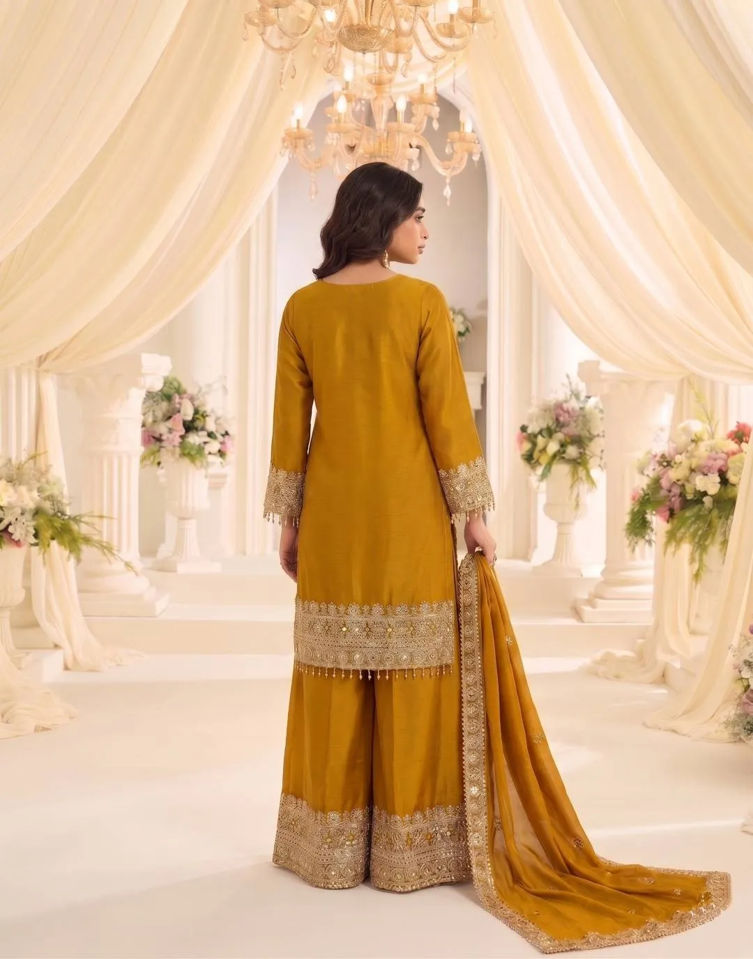 Stylish Kb 3322 Chinon Embroidery Work Wedding Pakistani Kurti Palazzo With Dupatta Set 2026