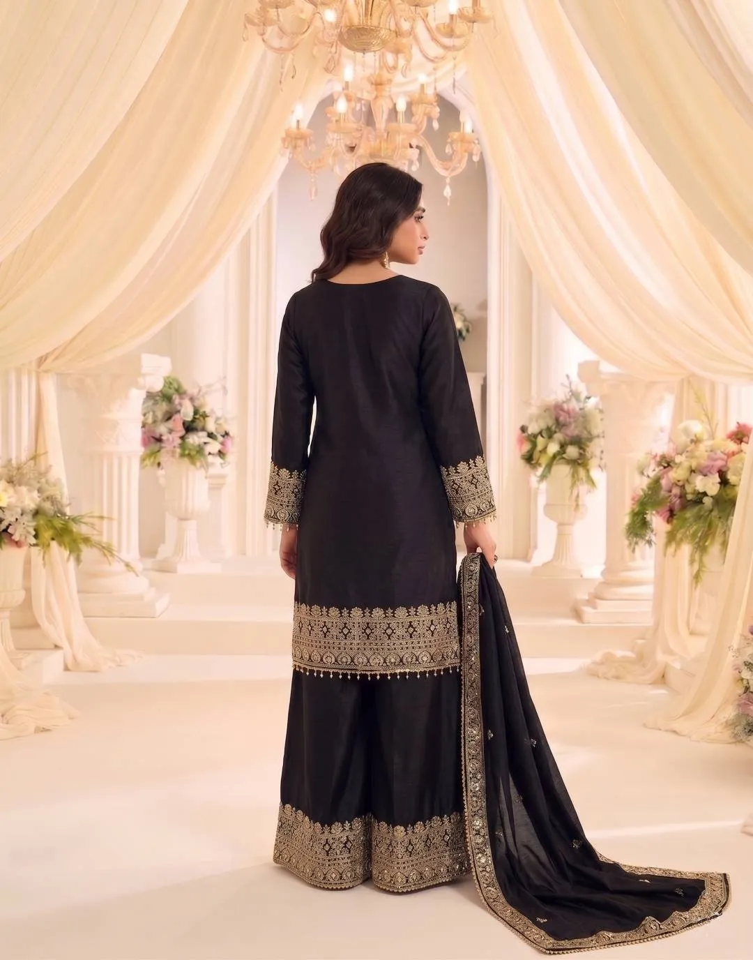 Stylish Kb 3322 Chinon Embroidery Work Wedding Pakistani Kurti Palazzo With Dupatta Set 2026