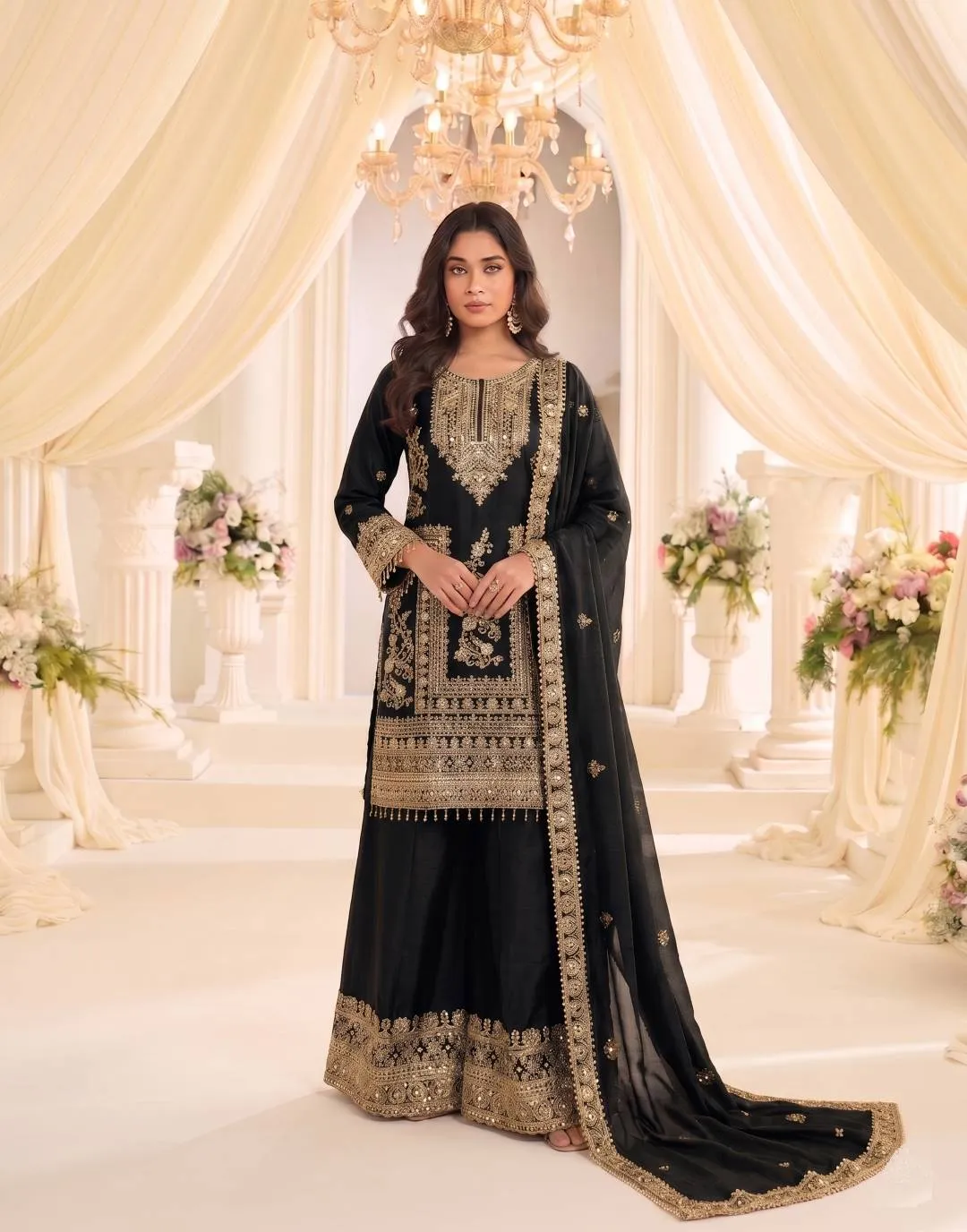 Stylish Kb 3322 Chinon Embroidery Work Wedding Pakistani Kurti Palazzo With Dupatta Set 2026