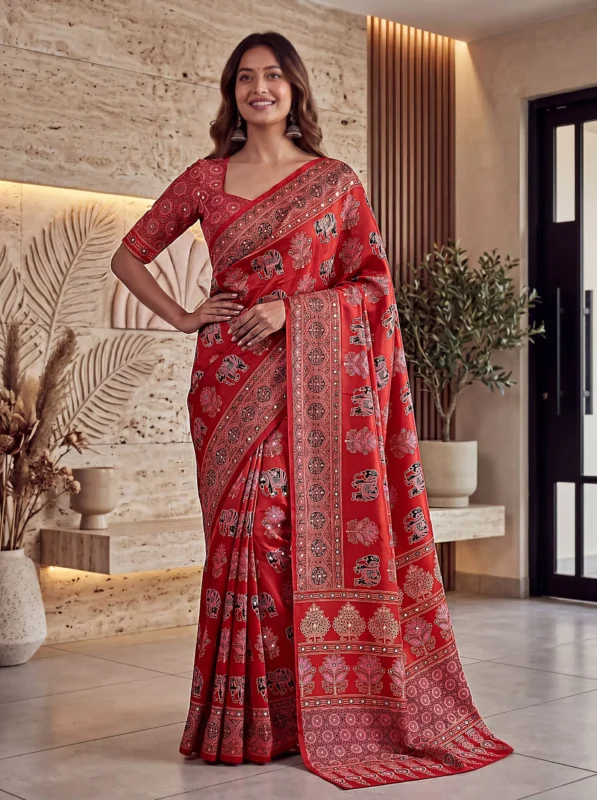 Launching DKT 5181 Crape Silk DurgaPuja Ajrakh Printed Mirror Work Saree 2026