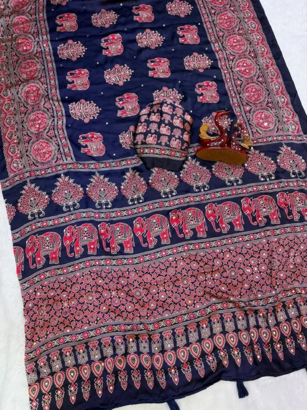 Buy SS1010 5598 Japan Satin Ajarakh Printed Mirror Work Festival Saree 2026