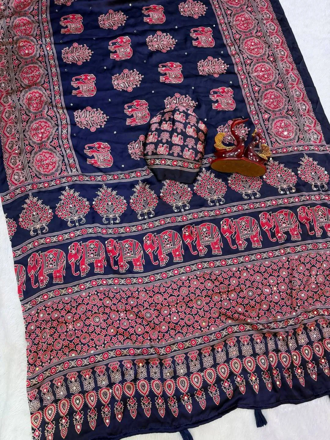 Buy SS1010 5598 Japan Satin Ajarakh Printed Mirror Work Festival Saree 2026