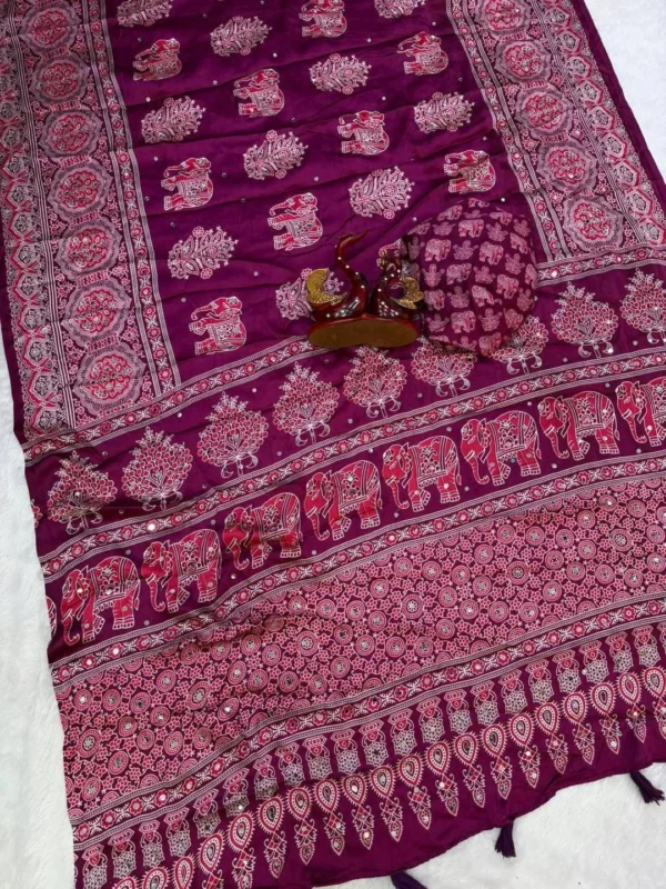 Buy SS1010 5598 Japan Satin Ajarakh Printed Mirror Work Festival Saree 2026