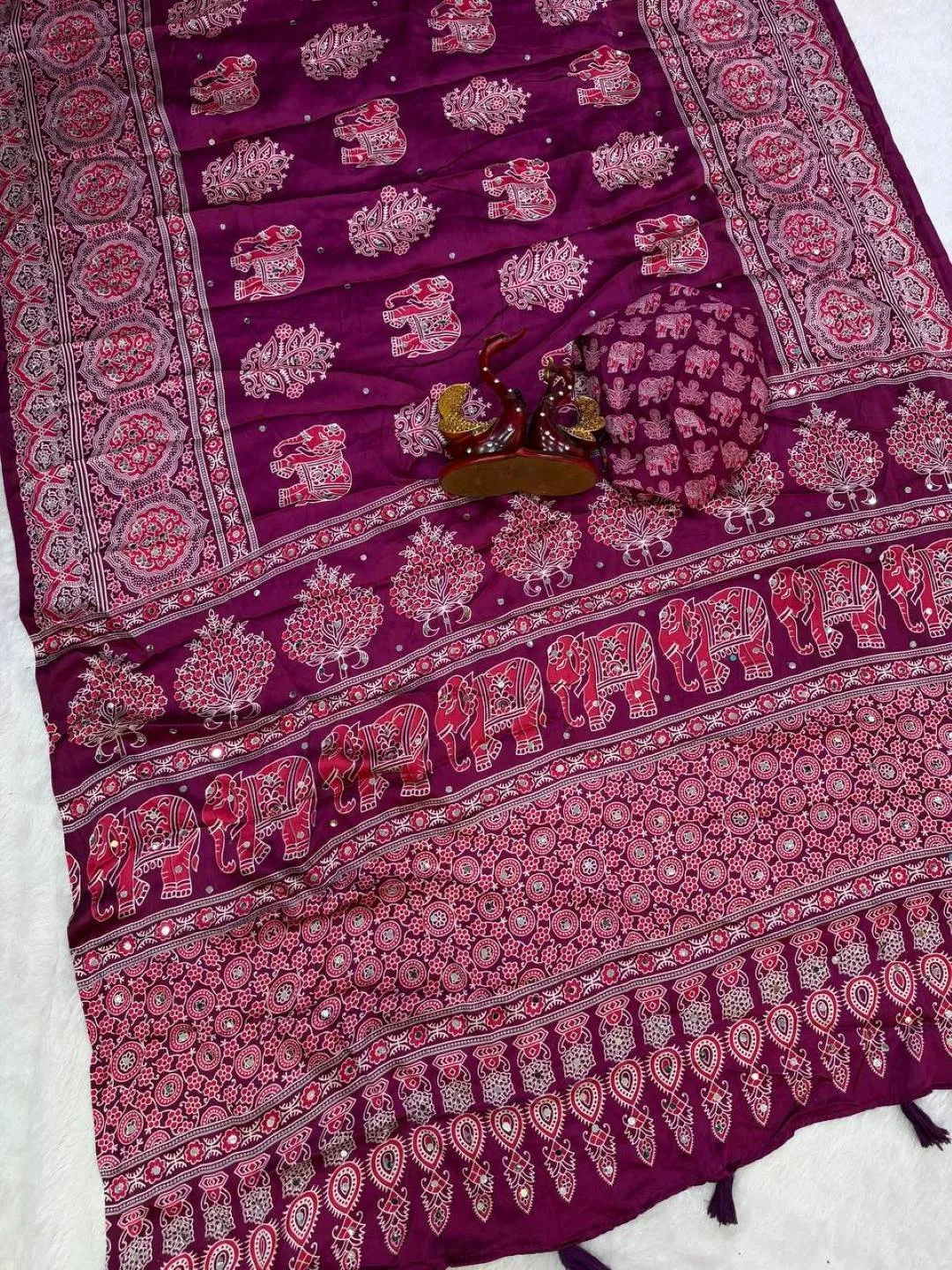 Buy SS1010 5598 Japan Satin Ajarakh Printed Mirror Work Festival Saree 2026