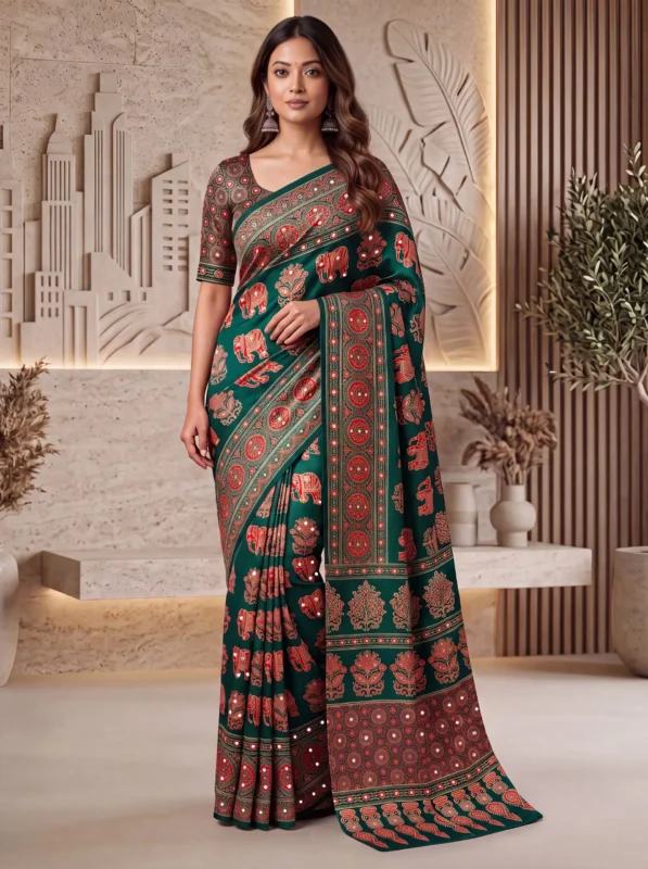 Launching DKT 5181 Crape Silk DurgaPuja Ajrakh Printed Mirror Work Saree 2026