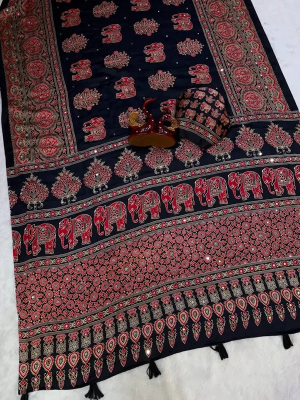 Buy SS1010 5598 Japan Satin Ajarakh Printed Mirror Work Festival Saree 2026
