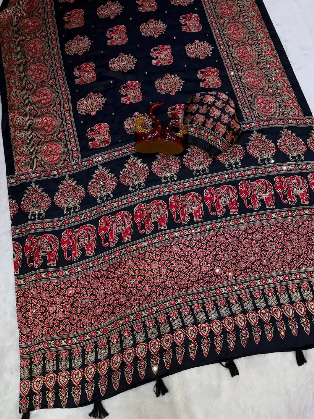 Buy SS1010 5598 Japan Satin Ajarakh Printed Mirror Work Festival Saree 2026