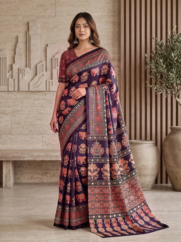 Launching DKT 5181 Crape Silk DurgaPuja Ajrakh Printed Mirror Work Saree 2026