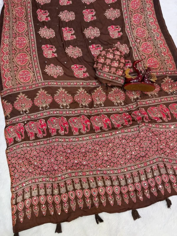 Buy SS1010 5598 Japan Satin Ajarakh Printed Mirror Work Festival Saree 2026