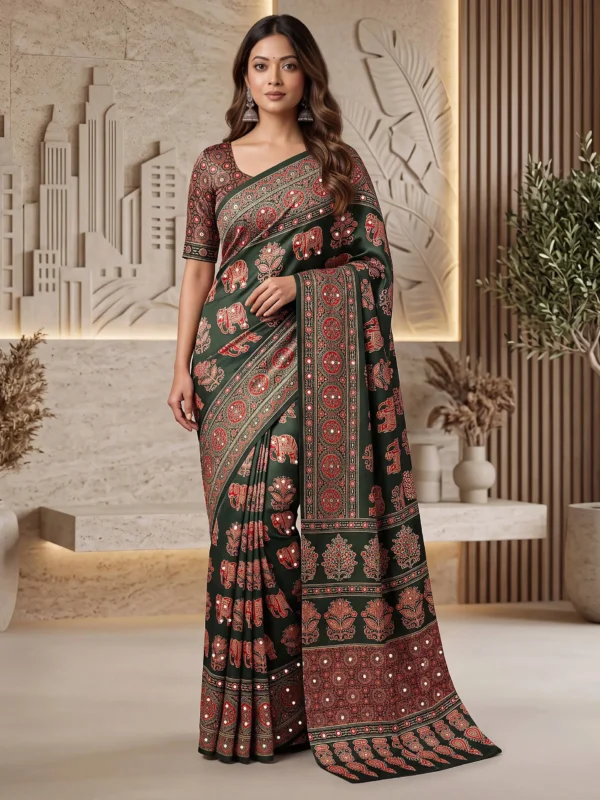 Launching DKT 5181 Crape Silk DurgaPuja Ajrakh Printed Mirror Work Saree 2026