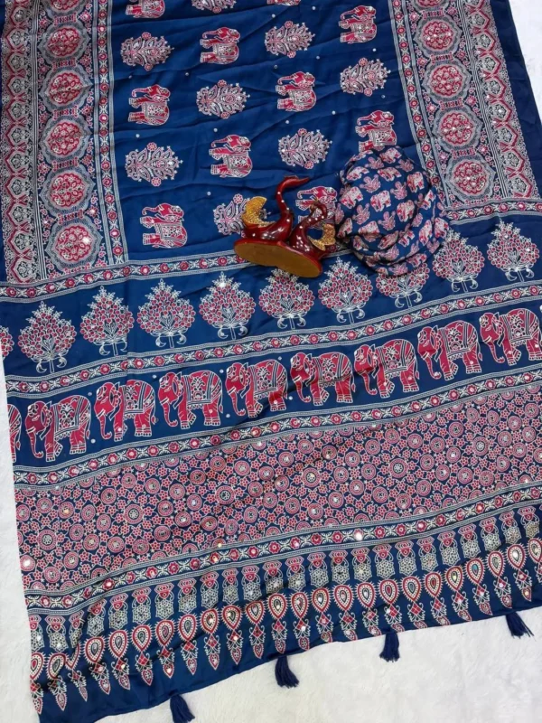 Buy SS1010 5598 Japan Satin Ajarakh Printed Mirror Work Festival Saree 2026