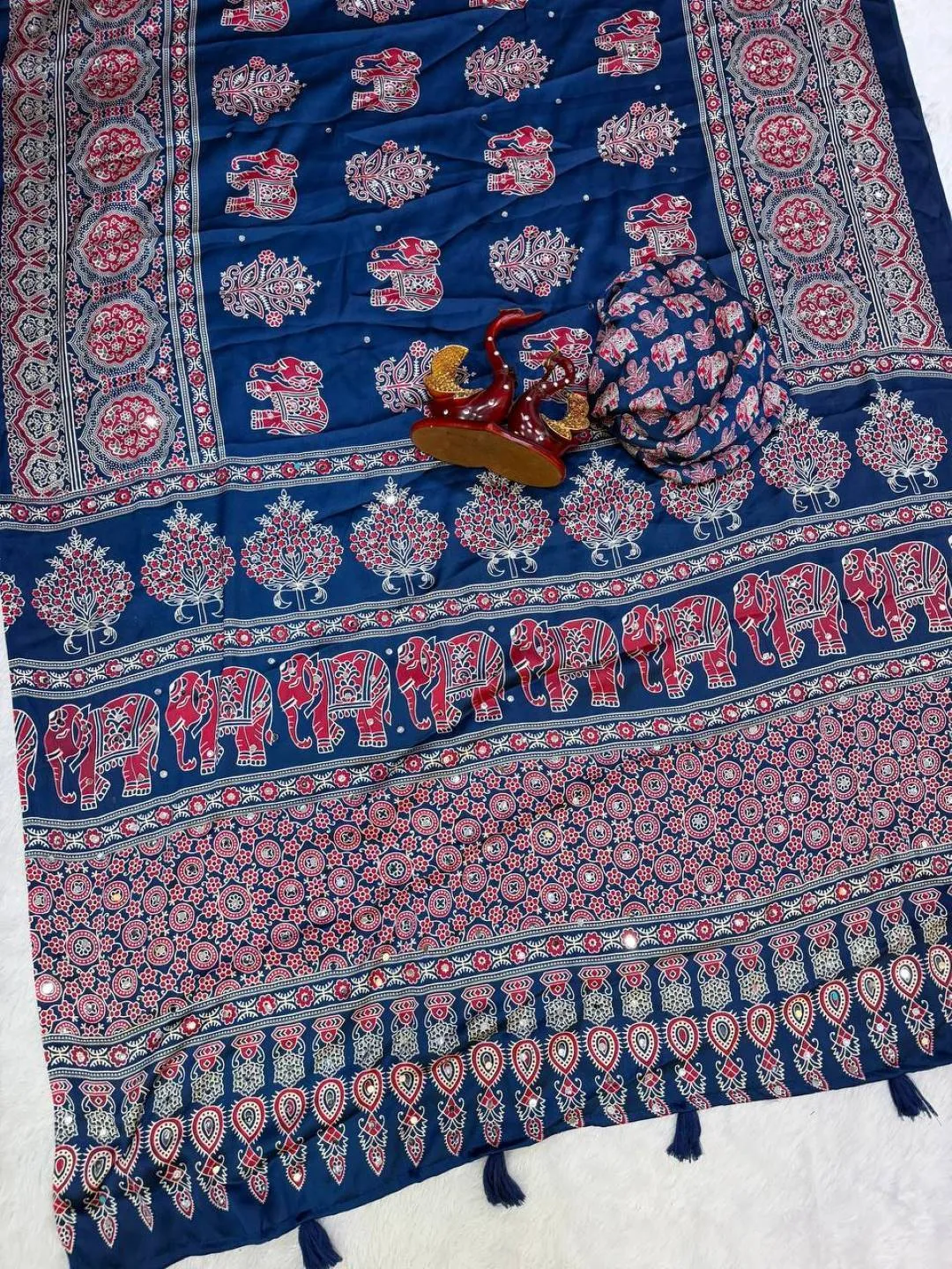 Buy SS1010 5598 Japan Satin Ajarakh Printed Mirror Work Festival Saree 2026