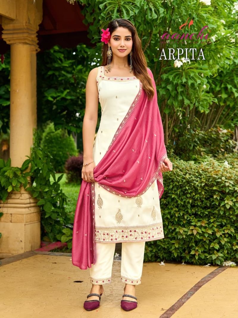 Aanchi Arpita Crystal Silk Embroidered Kurti With Bottom Dupatta Wholesale
