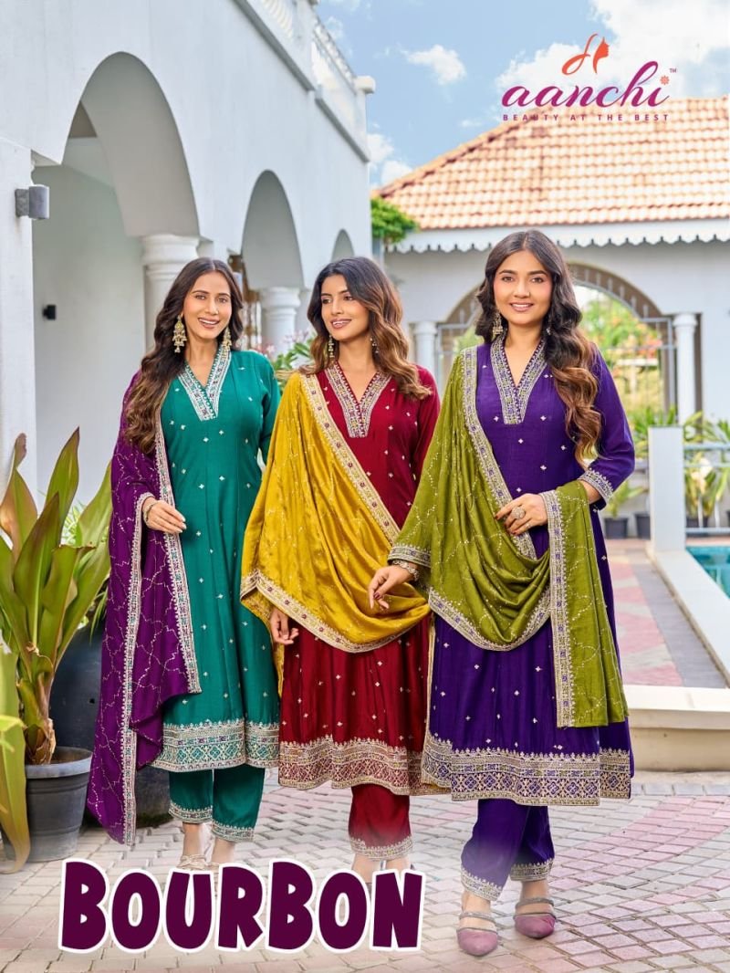 Aanchi Bourbon Vichitra Silk Embroidered Anarkali Kurti With Bottom Dupatta Wholesale
