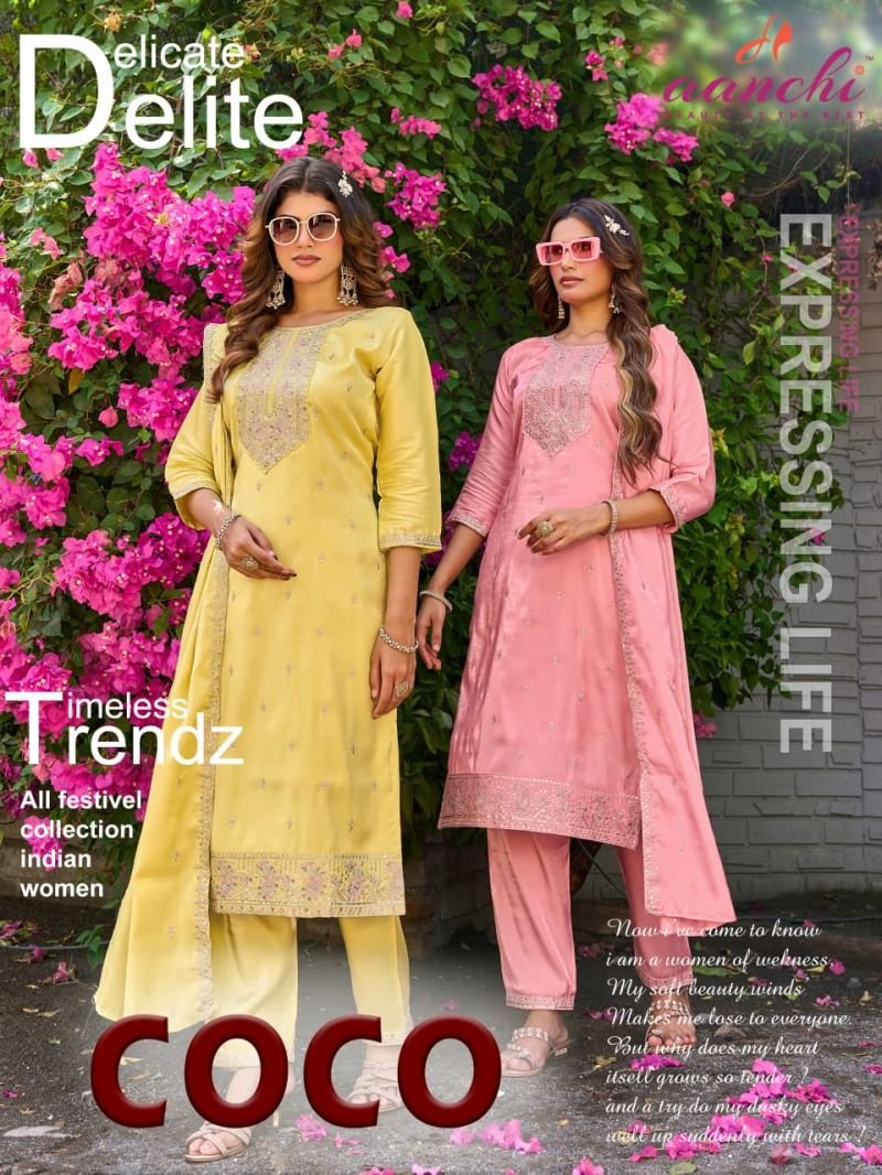 Aanchi Coco Roman Glass Embroidered Kurti With Bottom Dupatta Wholesale