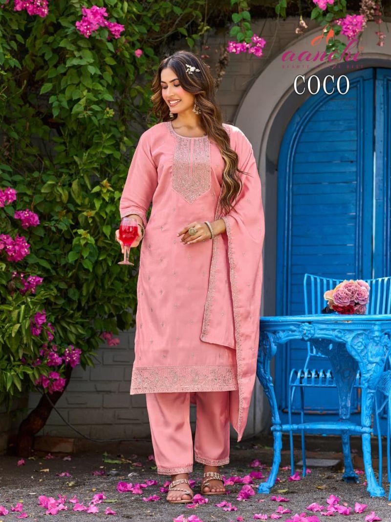 Latest Aanchi Coco Roman Glass Embroidered Kurti With Bottom Dupatta Wholesale 2026