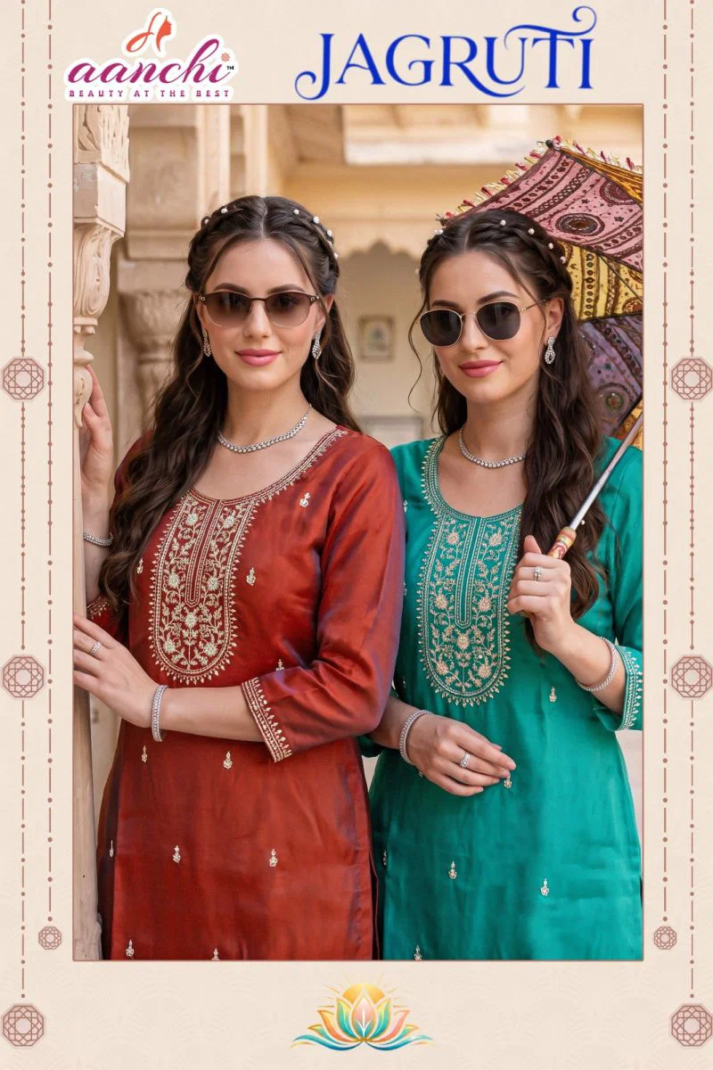 Aanchi Jagruti Glass Silk Embroidered Kurti Collection Wholesale