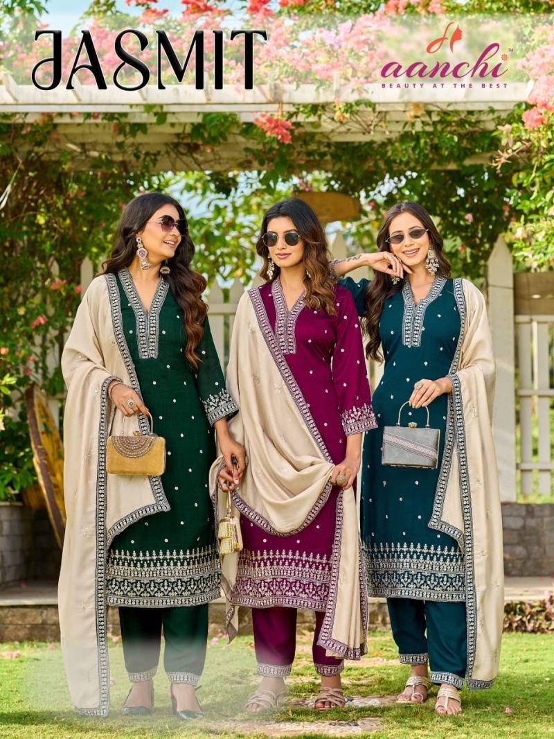 Aanchi Jasmit Vichitra Silk Embroidered Kurti With Bottom Dupatta Wholesale
