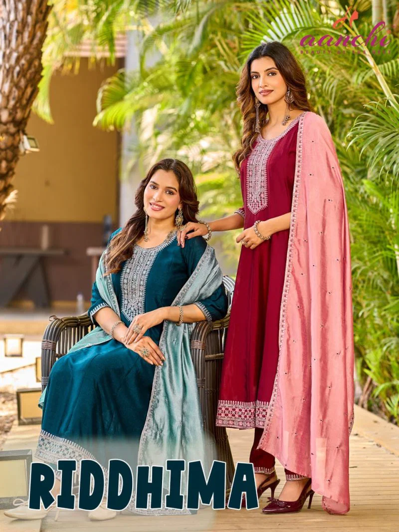 Aanchi Riddhima Vichitra Silk Embroidered Kurti With Bottom Dupatta Wholesale